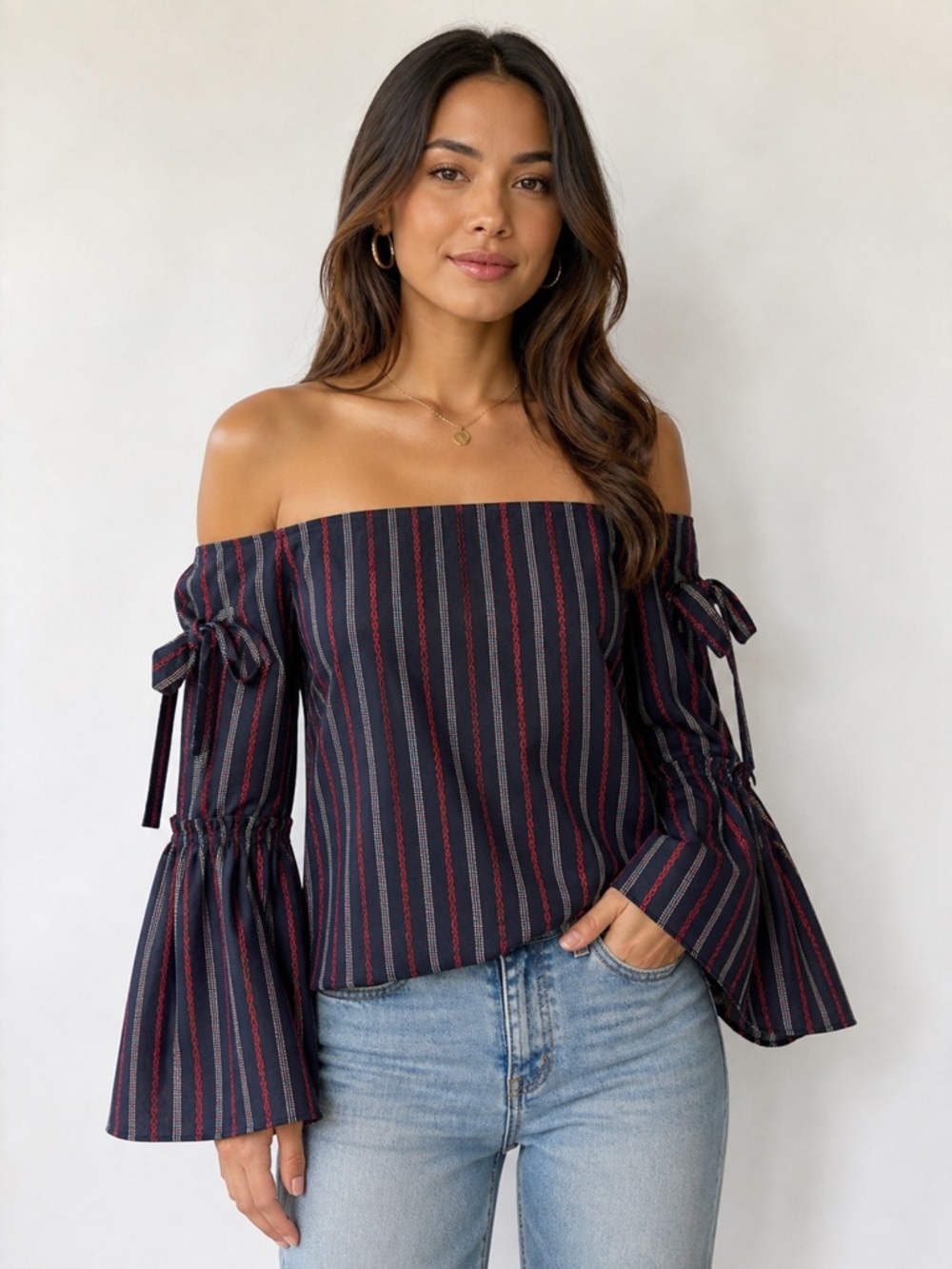 INTERMIX Navy Red Stripes Off-Shoulder Stripe Tie-Sleeve Top | Boho Chic